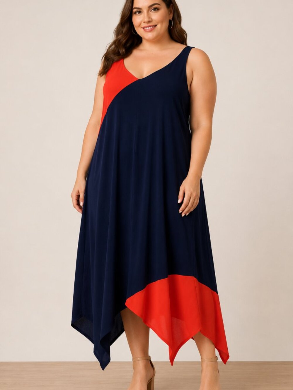 Madison Leigh 1X Navy Orange Colorblock Asymmetrical Midi Dress